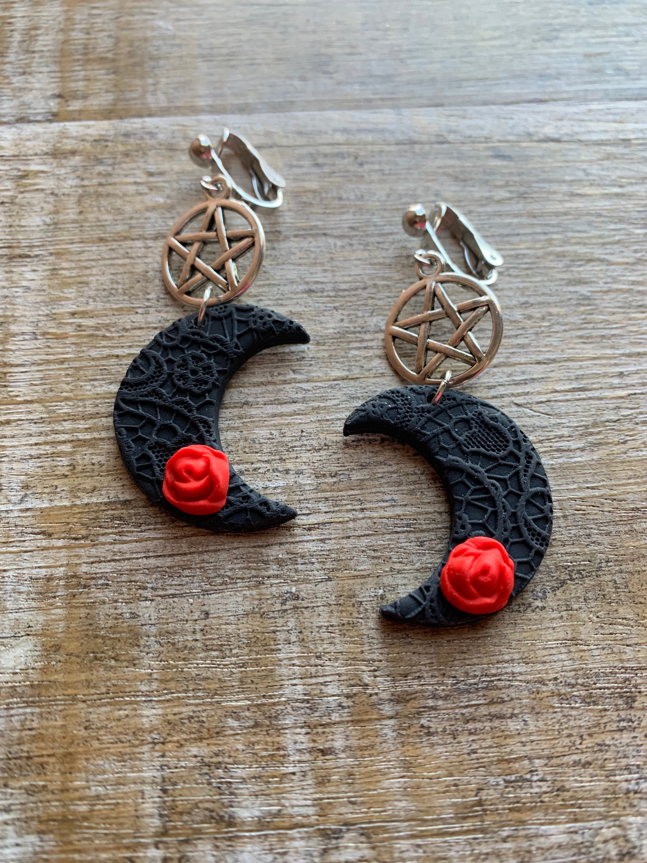 Moon Clip on Earrings Polymer Clay Halloween Gothic Lace Clip