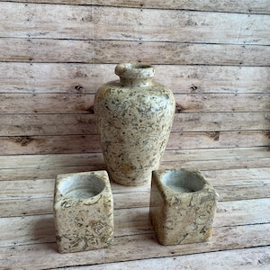Fossil Onyx with Matching Tea Light Holders Metaphysical Vase Candle Holders Picture Fossil Vase Beige Stone Vase Stone Candle Holder