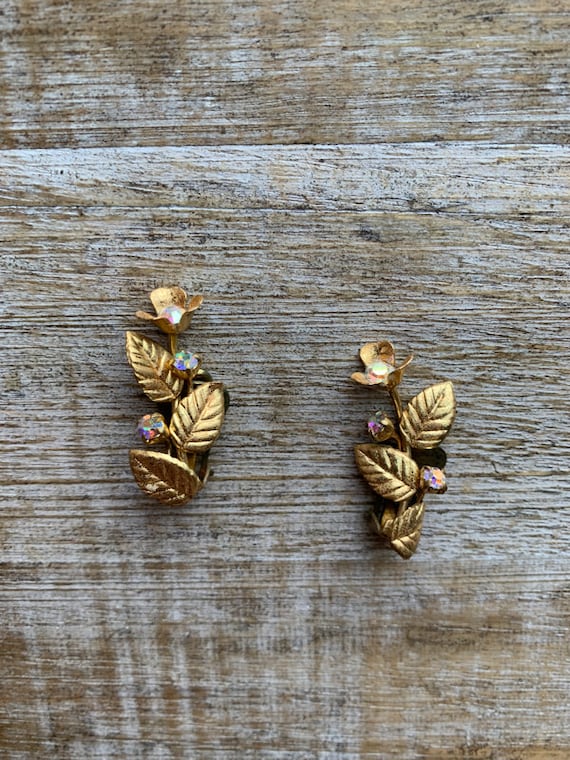 Vintage Leaf AB Rhinestone Clip On Earrings Rhine… - image 1