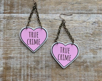 True Crime Heart Earrings Funny True Crime Lover Gift Horror Heart True Crime Jewelry Crime Murder Clip On Earrings Ear Hangers Ear Weights