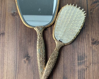 Vintage Handheld Brass Mirror with Matching Brush Beveled Glass Vintage Mirror Brass Set Victorian Mirror Brush Set