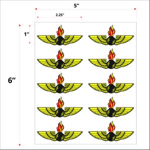 May include: Sheet of stickers featuring a repeating design of a winged bomb with a flame. The stickers are yellow, black, and red. The sheet measures 5 inches wide by 6 inches tall.