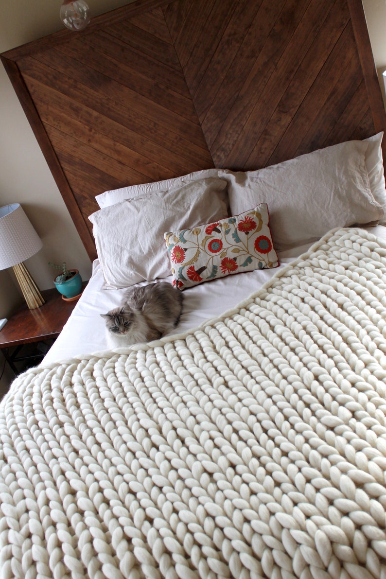 Hand Knit Wool Blanket Cream Chunky Knit Blanket Etsy