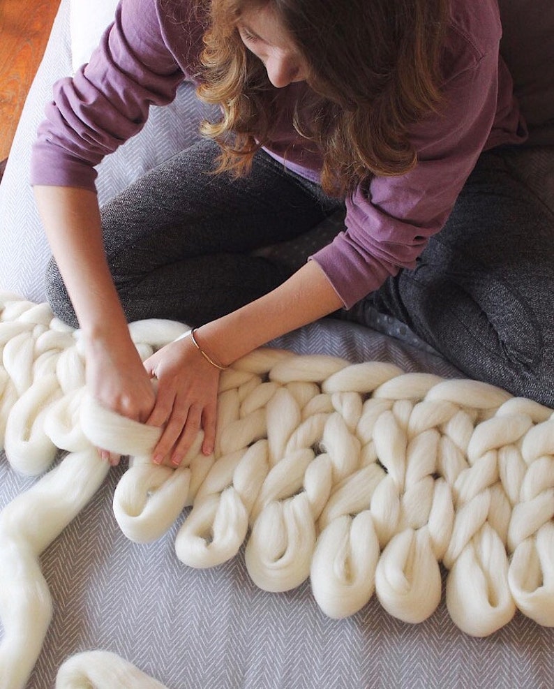 Hand Knit Wool Blanket Cream Chunky Knit Blanket Etsy