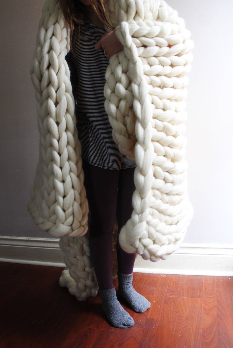 Hand Knit Wool Blanket Cream Chunky Knit Blanket Etsy