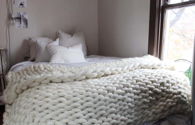 Hand Knit Wool Blanket Cream Chunky Knit Blanket Etsy