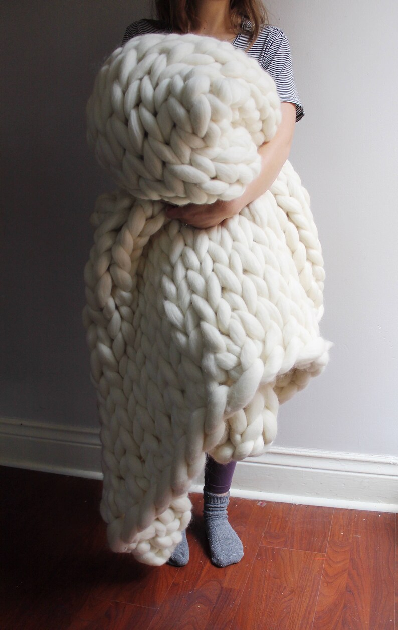 Hand Knit Wool Blanket Cream Chunky Knit Blanket Etsy