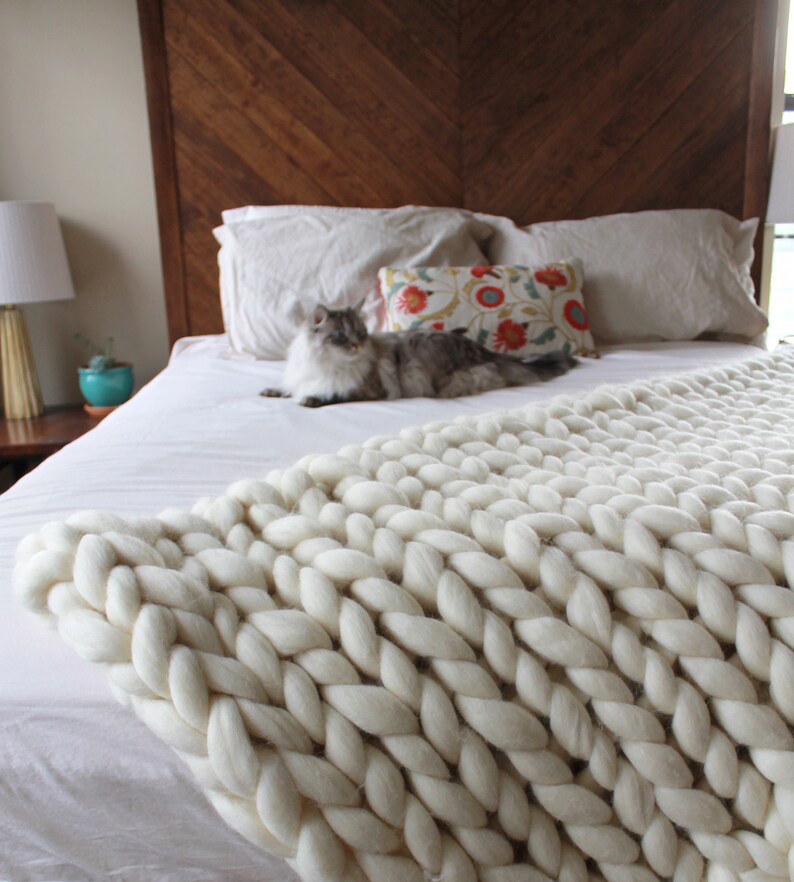 Hand Knit Wool Blanket Cream Chunky Knit Blanket Etsy