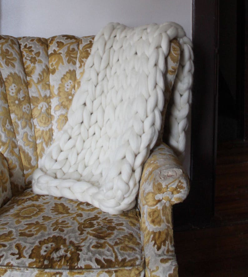 Hand Knit Wool Blanket Cream Chunky Knit Blanket Etsy