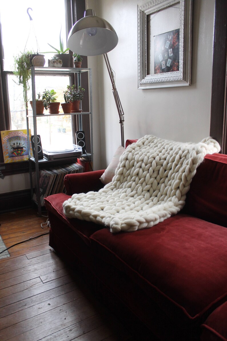 Hand Knit Wool Blanket Cream Chunky Knit Blanket Etsy