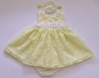 Unique and Gorgeous! light yellow Sweet Dress with bloomer and free headband, made with embroidery lace, embroidery white trim and pearls.