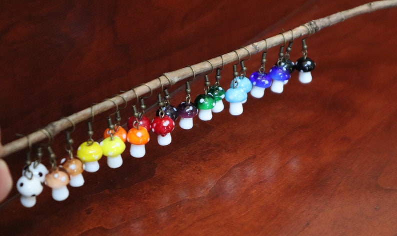 food earrings,fairy earrings plus free stickers!14 colors of glass mushroom earrings glass earrings toadstool earrings BUY 3 GET 1 FREE