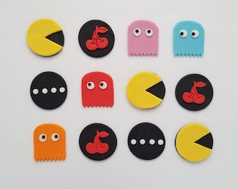 12 Pacman Fondant Cupcake Toppers Edible