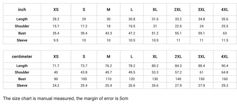 Puede incluir: Una tabla de tallas de ropa con medidas en pulgadas y cent&iacute;metros. Las tallas van de XS a 4XL, con medidas de largo, hombro, busto y manga. El texto en la parte inferior dice: 'La tabla de tallas se mide manualmente, el margen de error es de 5 cm.'