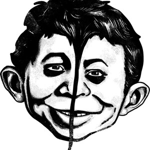 May include: Black and white illustration of a person's face split in half with a thick black line down the middle. The person is smiling with a mischievous expression.
