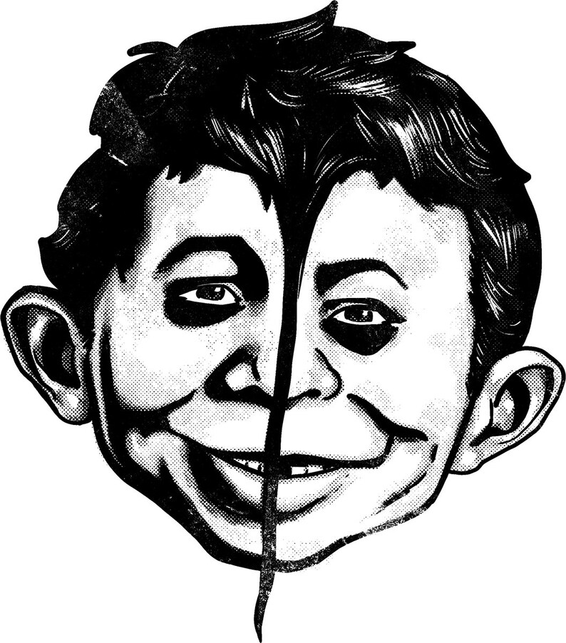 May include: Black and white illustration of a person's face split in half with a thick black line down the middle. The person is smiling with a mischievous expression.