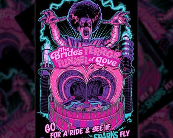 Può includere: Un poster vibrante con sfondo nero presenta un'illustrazione stilizzata di una figura mostruosa con il testo "The Bride's Terror Tunnel of Love". Il design incorpora colori rosa, viola e verde acqua, con la frase "Go for a ride & see if sparks fly."