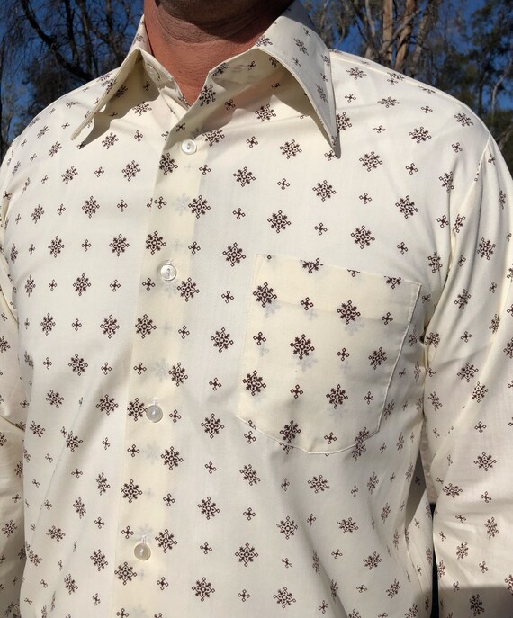 Vintage 1970s button down cream with brown patter… - image 7