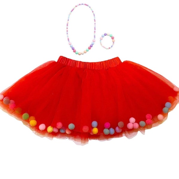 Red Tutu For Girls 0-8Years | Pom Pom Tutu and Bow Hair Tie For Kids | Tutu Skirt Baby Girl | Toddler Tutu | Gift For Girls | Pom Pom Skirt