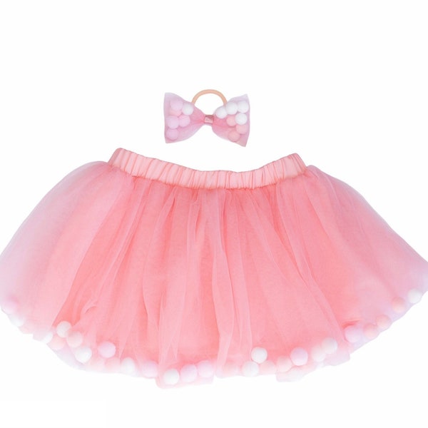 Blush Pom Pom Tutu and Bow Hair Tie | Birthday Smash Cake Tutu for Girls (0M-8T) | Rose Gold Tutu | Soft and Washable Peach Tutu For Girls