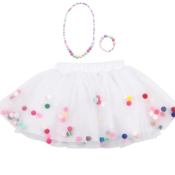 White Tutu Skirt For Girls 0M-8Y | Pom Pom Tutu For Girls | Birthday Smash Cake Skirt With Bow Hair Tie | Birthday Outfit Girl