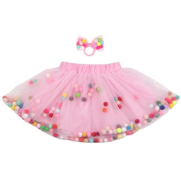 Pink Pom Pom Tutu and Bow Hair Tie, Birthday Smash Cake Skirt| Baby and Toddlers (0M-8T) Ultra Soft Tutu Skirt |  Pom Pom Skirt For Girls