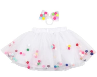 White Pom Pom Tutu and Accessory, Birthday Smash Cake Skirt for Babies and Toddlers (3M-8T) Super Soft & Comfy White Tutu For Girls