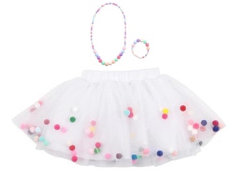 White Tutu Skirt For Girls 0M-8Y | Pom Pom Tutu For Girls | Birthday Smash Cake Skirt With Bow Hair Tie | Birthday Outfit Girl