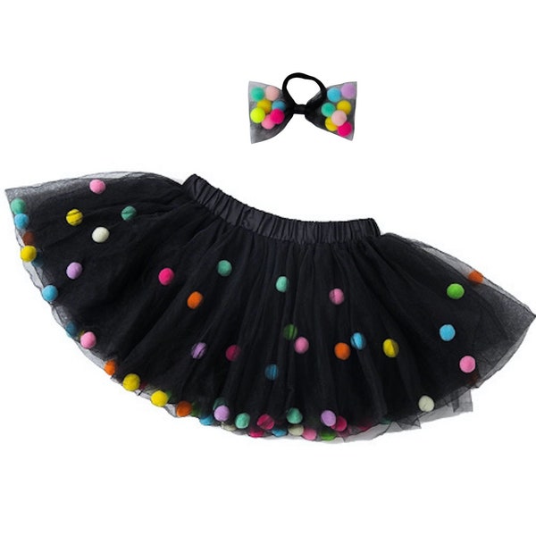 Black Tutu with Pom Poms and Bow Hair Tie | Kids Tutu Skirt (0-8Y) | Birthday Gift For Girls | Dance Class Black Tutu | Poms Skirt For Girls