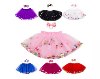 Kids Tutu w Bow Hair Tie 2Pcs | Birthday Girl Tutu 0-8Years | Princess Birthday Outfit! | Birthday Gift Girl | Children Skirt | Pom Pom Tutu