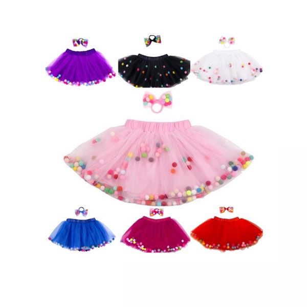 Kids Tutu w Bow Hair Tie 2Pcs | Birthday Girl Tutu 0-8Years | Princess Birthday Outfit! | Birthday Gift Girl | Children Skirt | Pom Pom Tutu