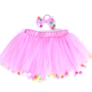 Pink Pom Pom Tutu and Bow Hair Tie Birthday Smash Cake Skirt | Etsy