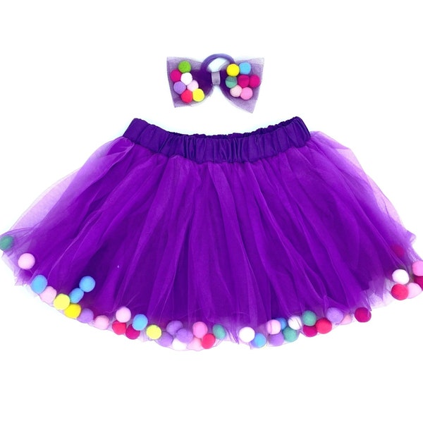 Purple Pom Pom Tutu and Bow Hair Tie, Birthday Smash Cake Skirt for Babies and Toddlers. Soft Purple Skirt For Little Ballerinas