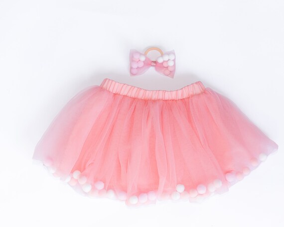 Blush Pom Pom Tutu and Bow Hair Tie Birthday Smash Cake Skirt | Etsy