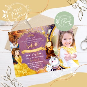 Beauty and The Beast Birthday Invitation with Free Souvenir Tag Layout | Digital Download
