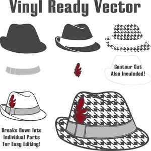 May include: A black and white fedora hat with a houndstooth pattern. The hat has a gray band and a red feather. The hat is shown in different stages of assembly, including a solid black version and a white version with a gray band. The text "Contour Cut Also Included!" is shown in white on a gray background.