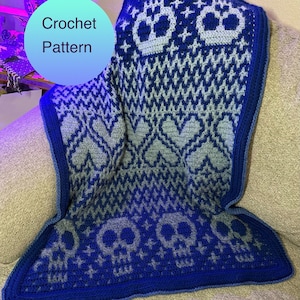 Sweet Nightmares Skulls and Hearts Baby Blanket, Overlay Mosaic Crochet Pattern