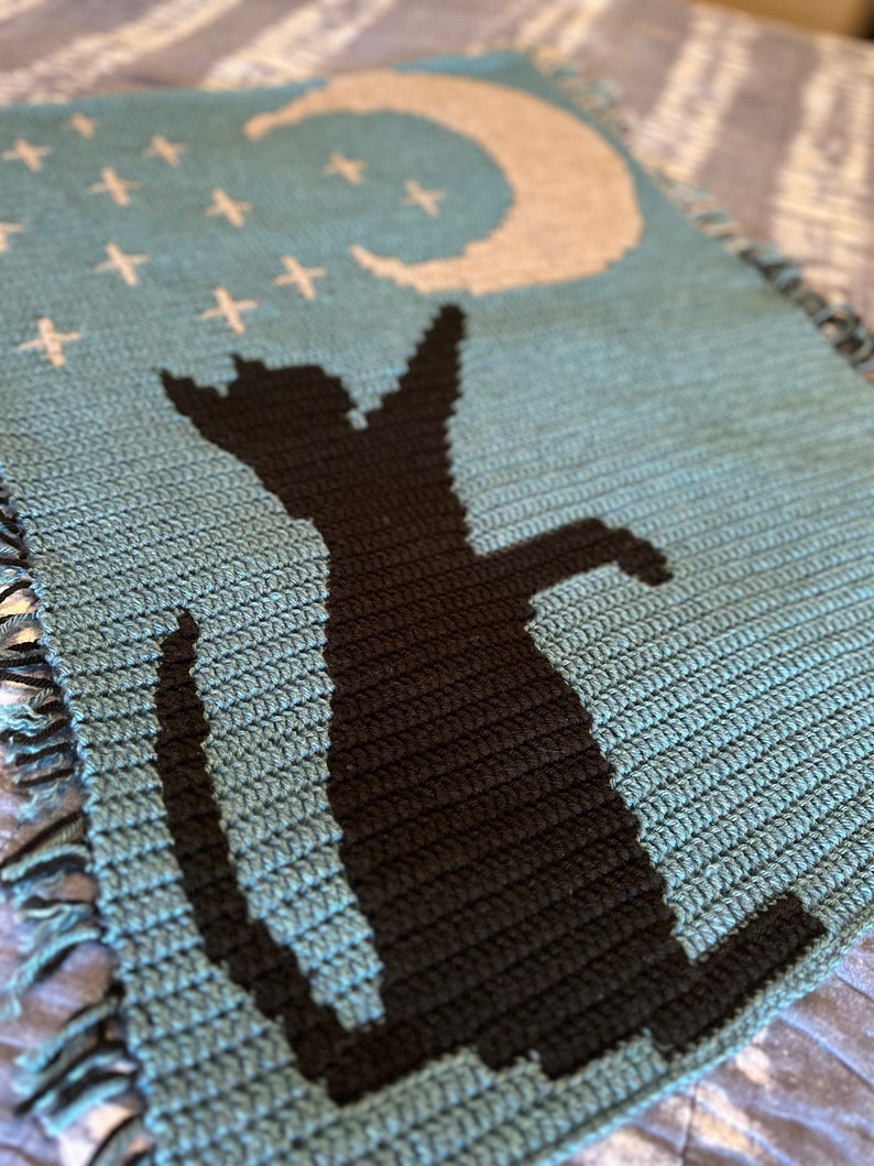 May include: A crocheted baby blanket featuring a black cat silhouette reaching up to a white crescent moon with stars on a blue background.