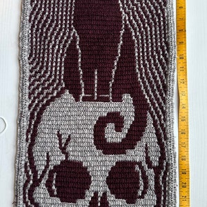 May include: A crocheted wall hanging featuring a skull with a cat on top. The skull is gray and white, and the cat is maroon. The wall hanging is framed with a gray crocheted border.