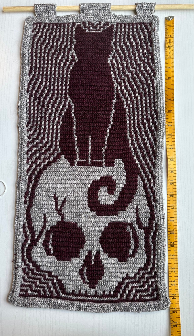 May include: A crocheted wall hanging featuring a skull with a cat on top. The skull is gray and white, and the cat is maroon. The wall hanging is framed with a gray crocheted border.