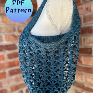 May include: A teal blue crochet tote bag with a  "PDF Pattern" text overlay. The bag is made with a  crochet stitch that creates a  mesh-like pattern.