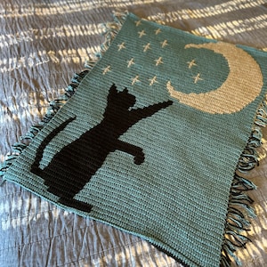 May include: A teal blue crocheted throw blanket with a black cat silhouette reaching for a crescent moon. The blanket has fringe around the edges.