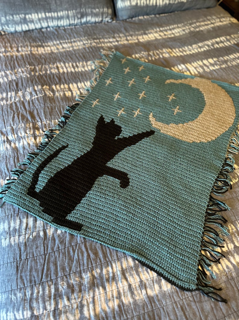 May include: A teal blue crocheted throw blanket with a black cat silhouette reaching for a crescent moon. The blanket has fringe around the edges.