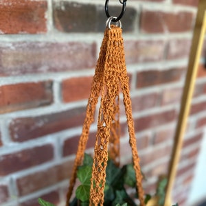 May include: A brown macrame plant hanger with a metal hook. The hanger is holding a potted plant with green leaves.