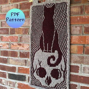 Creepy Cat Silhouette on Skull, Spooky Halloween Wall Tapestry, overlay mosaic crochet pattern