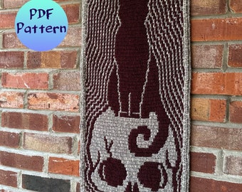 Creepy Cat Silhouette on Skull, Spooky Halloween Wall Tapestry, overlay mosaic crochet pattern