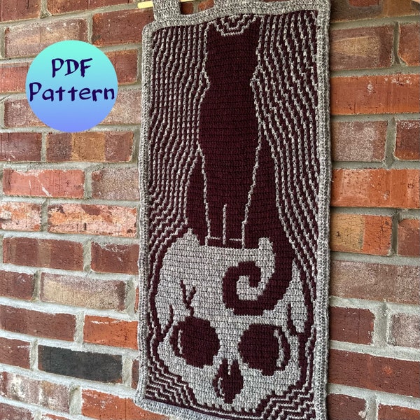 Creepy Cat Silhouette on Skull, Spooky Halloween Wall Tapestry, overlay mosaic crochet pattern