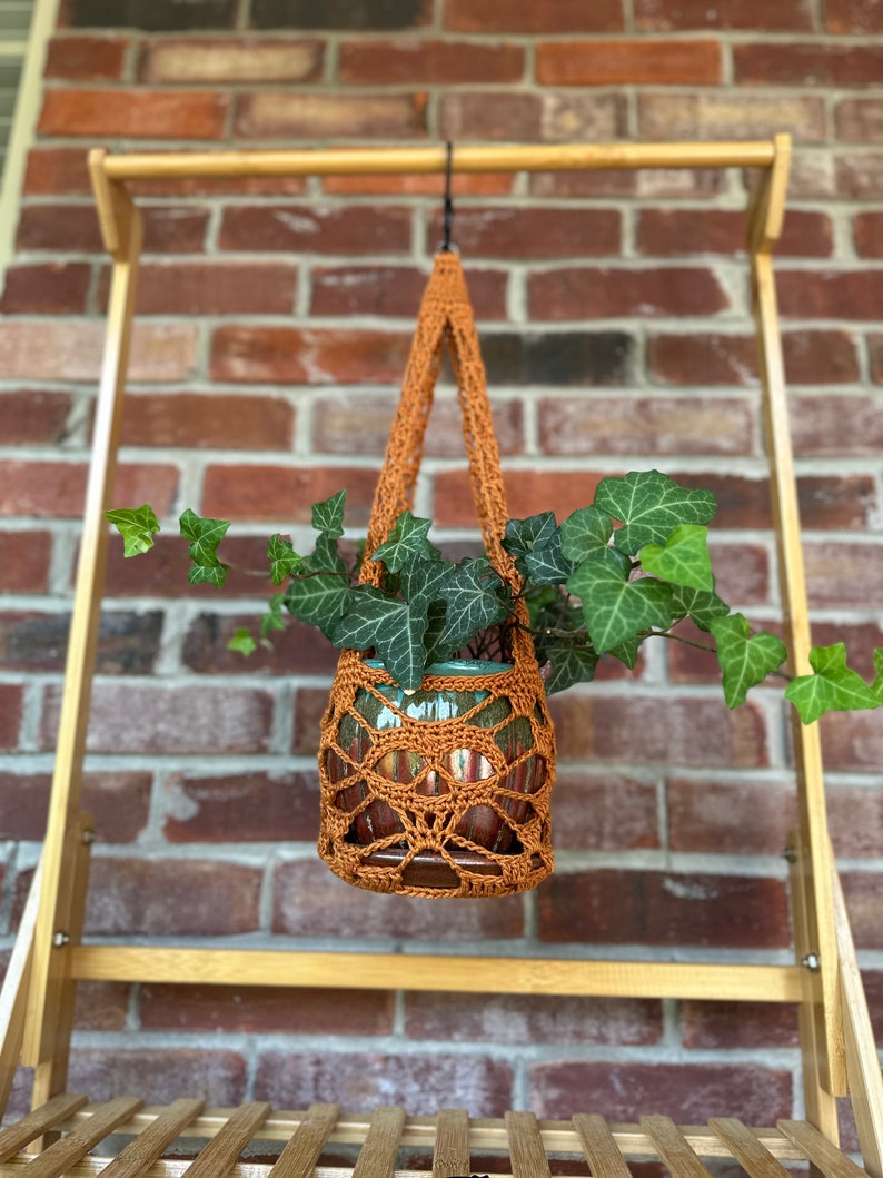 May include: A brown crocheted plant hanger with a green potted plant hanging from a wooden rack against a brick wall.