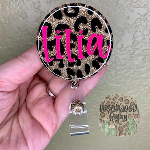 Round Leopard Print Badge Reel-Hot Pink Lettering-Badge Reel-ID holder-Medical Badge Reel-Nurses Badge Reel-Glitter Badge Reel-Leopard Print