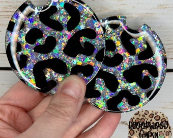 Leopard Glitter Car Coasters-Set of 2-Car Coasters-Car Accessories-auto coasters-auto accessories-Glitter-Silver-Leopard spots-Leopard Print